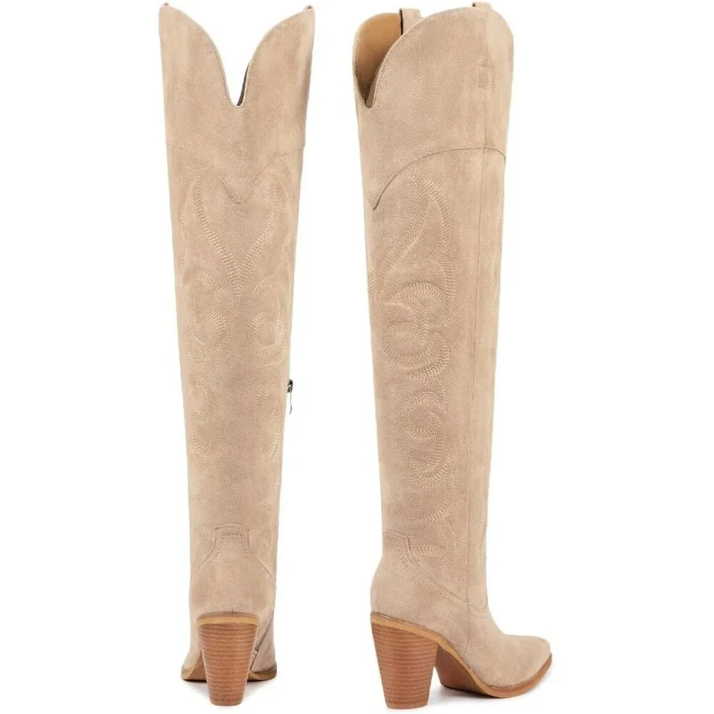 Women Over Knee Apricot Faux Leather Pull On Tab Chunky Heel Pointed Toe Boots